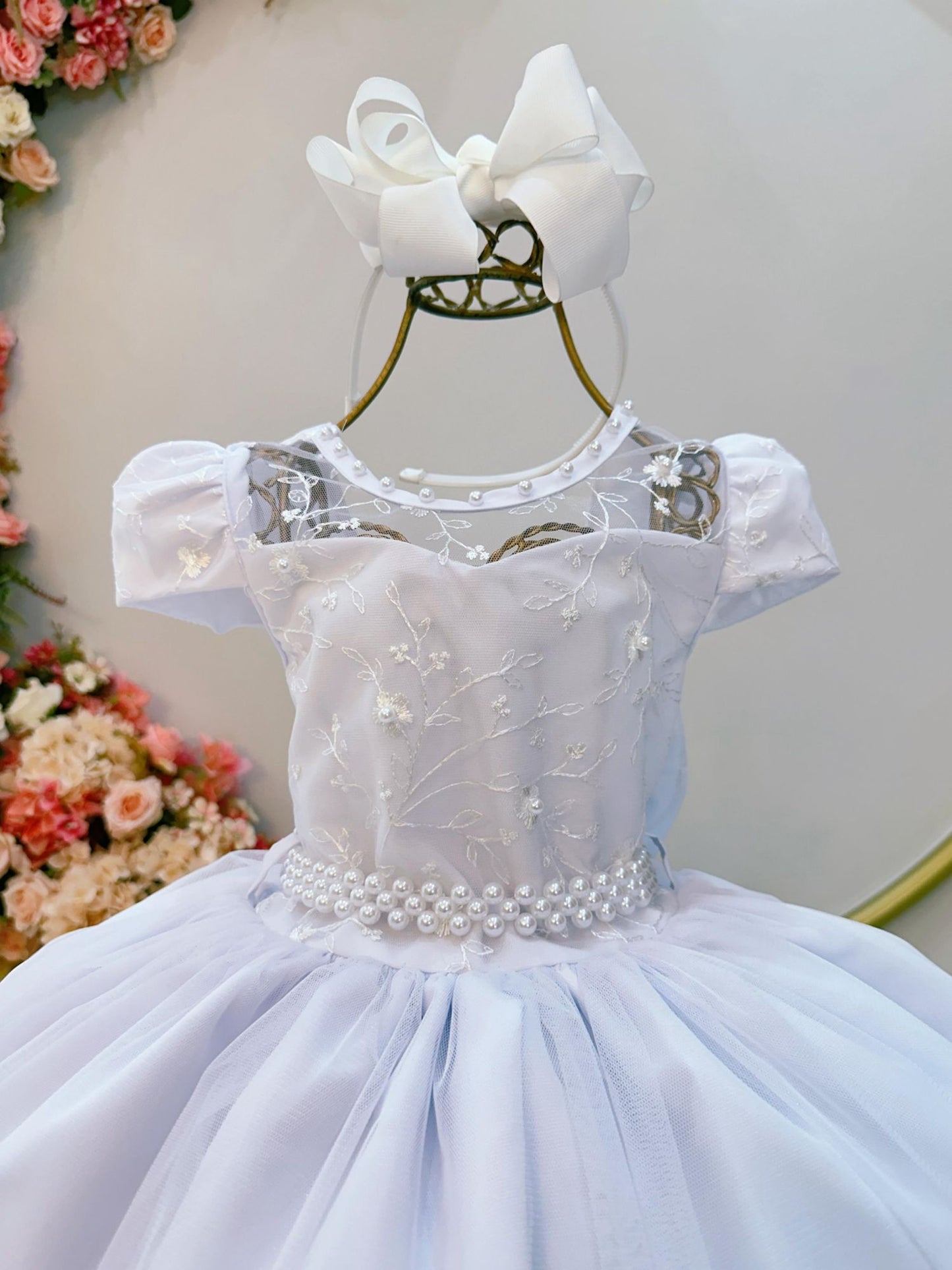 Vestido Infantil Branco C/ Renda e Pérolas Festas Daminhas
