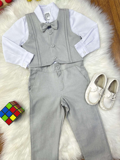 Conjunto Social Pajem Camisa Branca com Calça e Colete Cinza