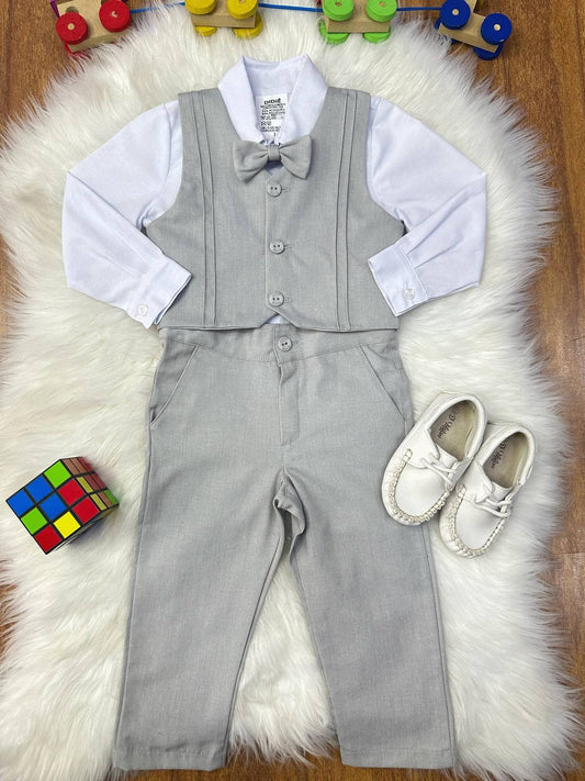 Conjunto Social Pajem Camisa Branca com Calça e Colete Cinza