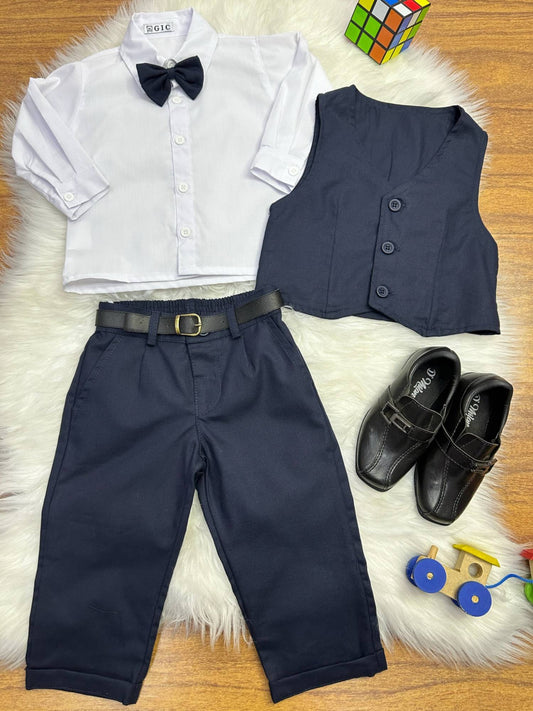 Conjunto Social Bebê Calça Colete Azul Escuro e Camisa Branca