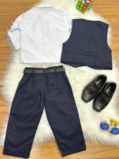 Conjunto Social Bebê Calça Colete Azul Escuro e Camisa Branca