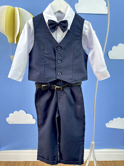 Conjunto Social Bebê Calça Colete Azul Escuro e Camisa Branca