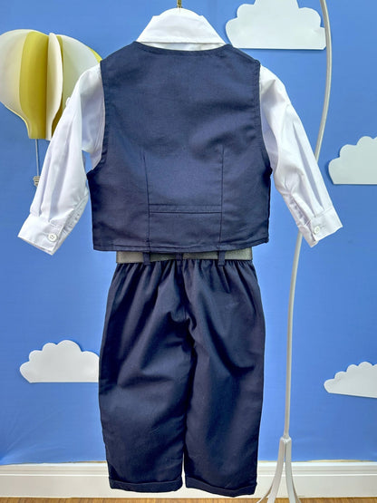 Conjunto Social Bebê Calça Colete Azul Escuro e Camisa Branca