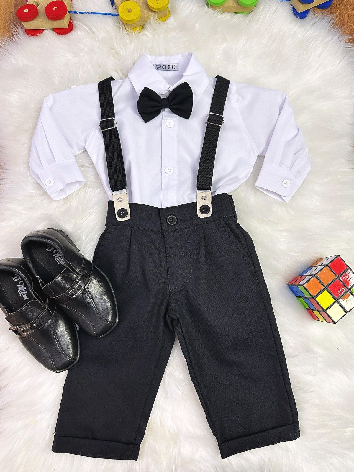 Conjunto Social Bebê Calça Susp. Preto e Camisa Branca