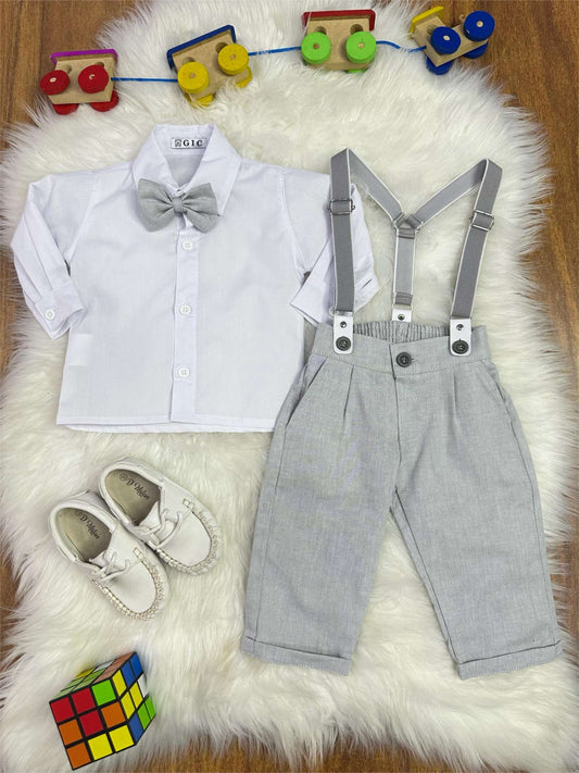 Conjunto Social Bebê Calça Susp. Cinza Claro e Camisa Branca
