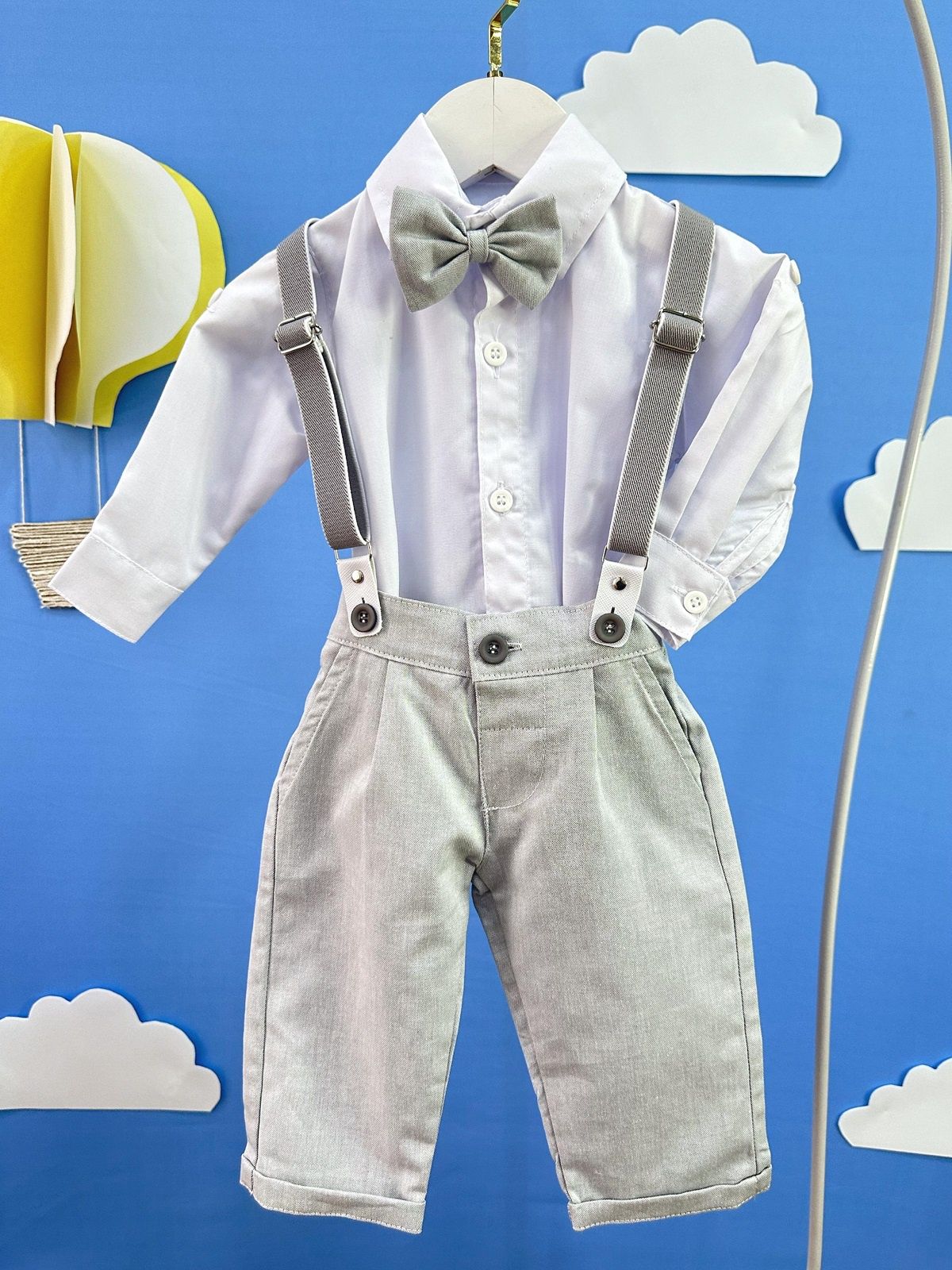 Conjunto Social Bebê Calça Susp. Cinza Claro e Camisa Branca