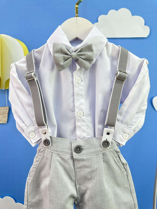 Conjunto Social Bebê Calça Susp. Cinza Claro e Camisa Branca