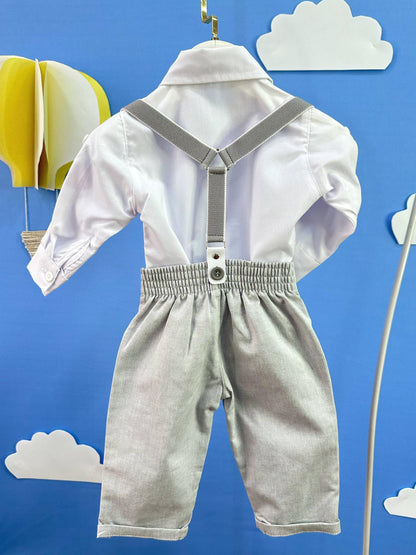 Conjunto Social Bebê Calça Susp. Cinza Claro e Camisa Branca