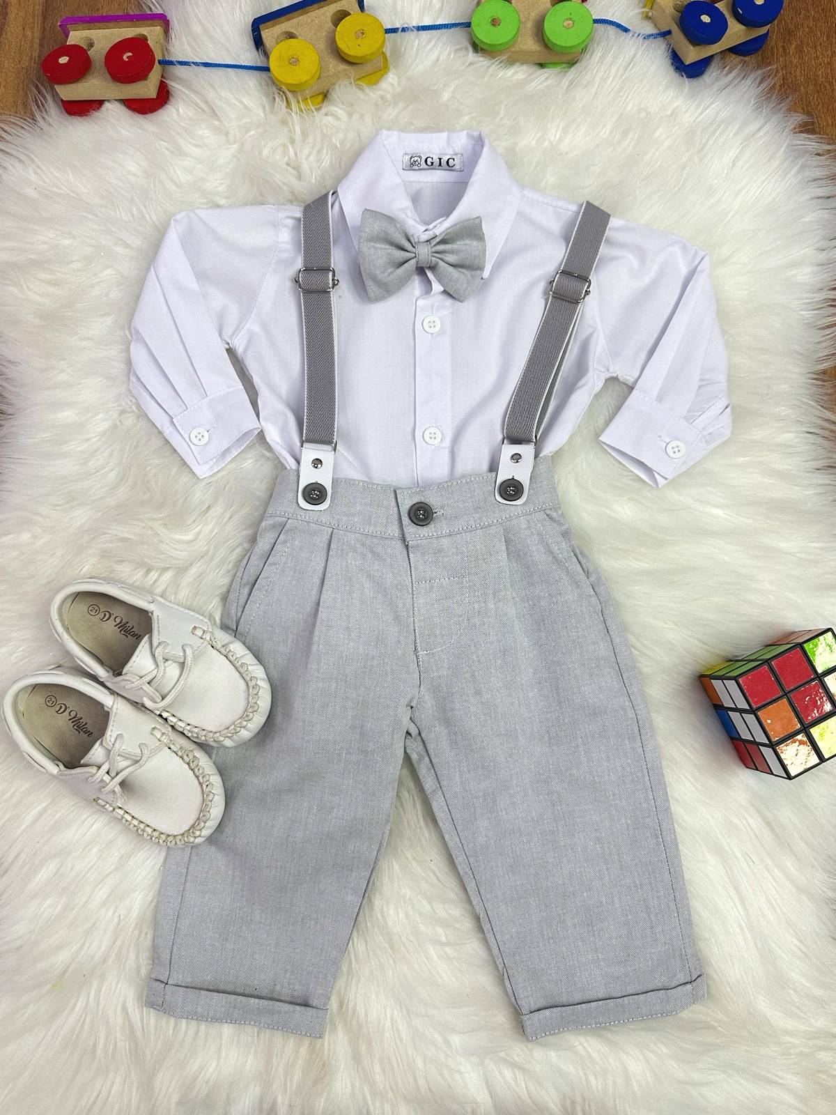 Conjunto Social Bebê Calça Susp. Cinza Claro e Camisa Branca