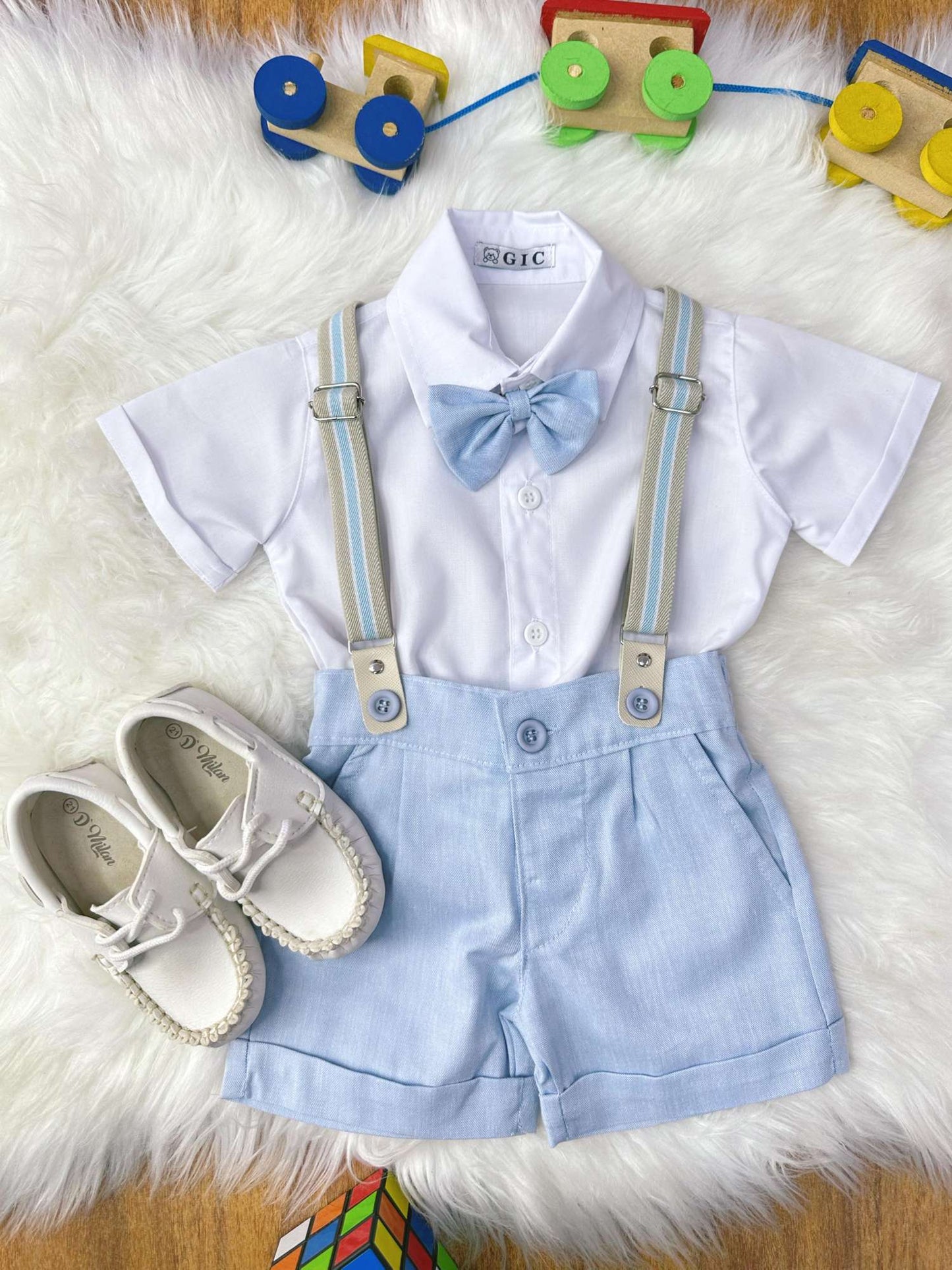 Conjunto Social Bebê Short Susp. Azul Claro e Camisa Branca