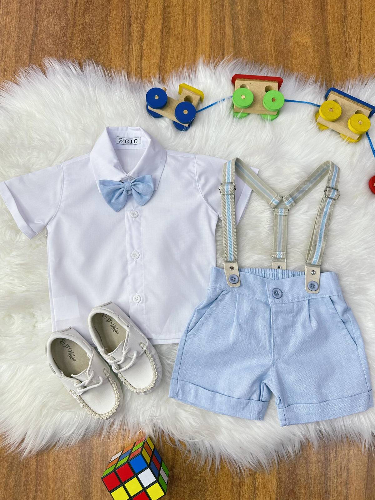Conjunto Social Bebê Short Susp. Azul Claro e Camisa Branca