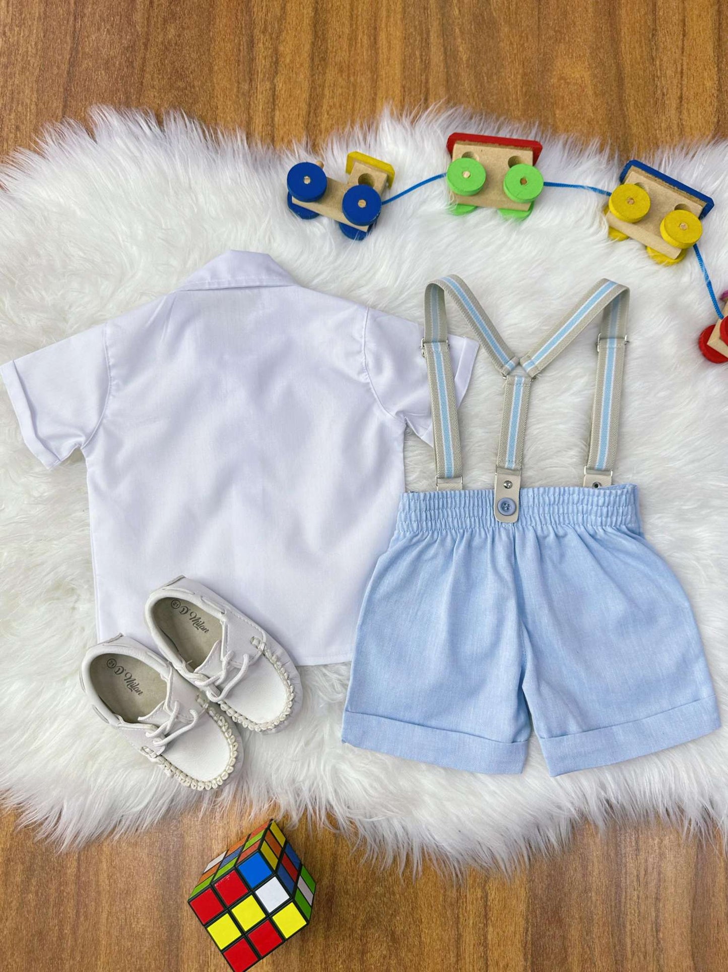 Conjunto Social Bebê Short Susp. Azul Claro e Camisa Branca