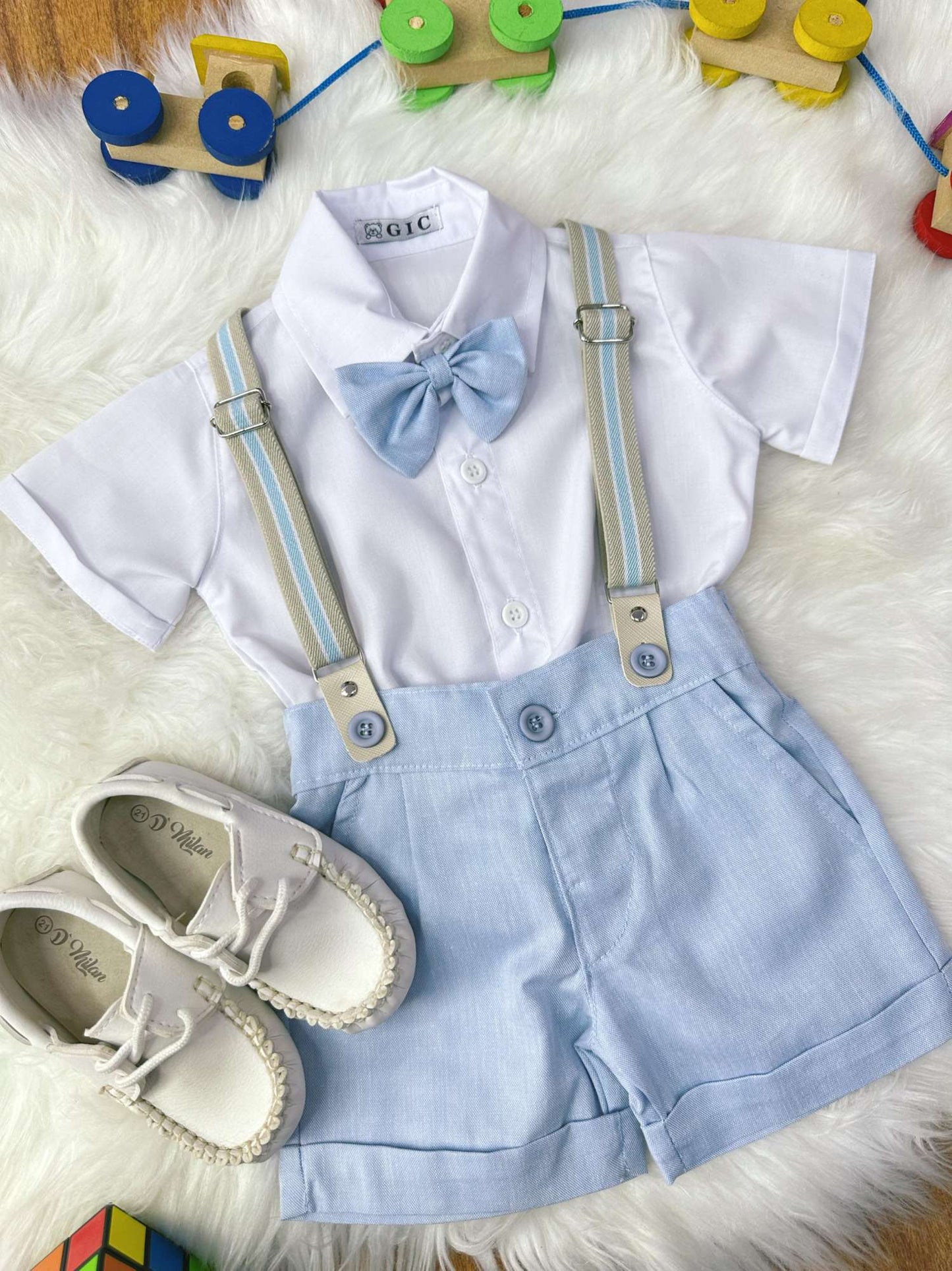 Conjunto Social Bebê Short Susp. Azul Claro e Camisa Branca