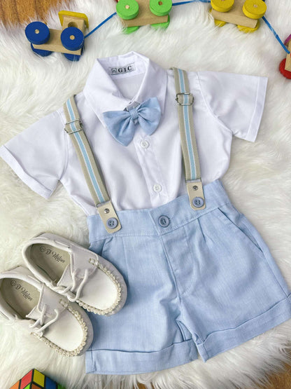 Conjunto Social Bebê Short Susp. Azul Claro e Camisa Branca