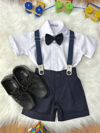 Conjunto Social Bebê Short Susp. Azul Escuro e Camisa Branca