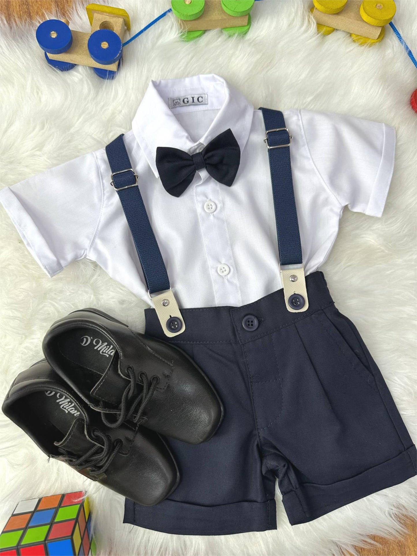Conjunto Social Bebê Short Susp. Azul Escuro e Camisa Branca