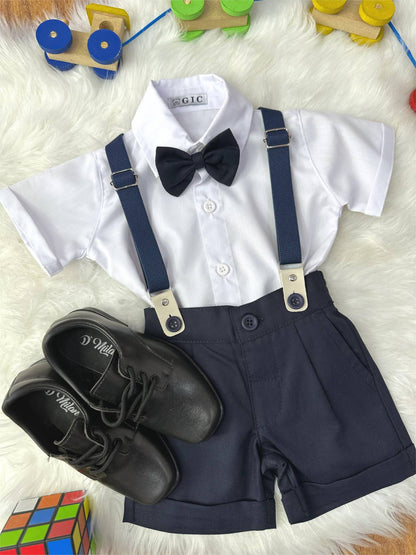 Conjunto Social Bebê Short Susp. Azul Escuro e Camisa Branca