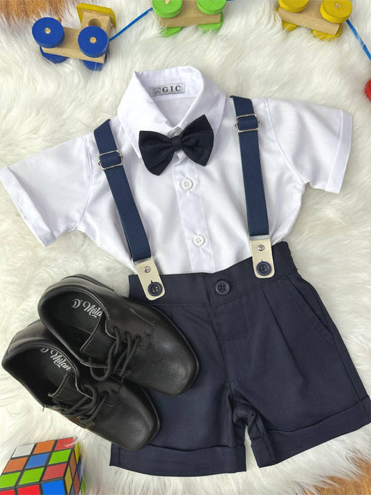 Conjunto Social Bebê Short Susp. Azul Escuro e Camisa Branca