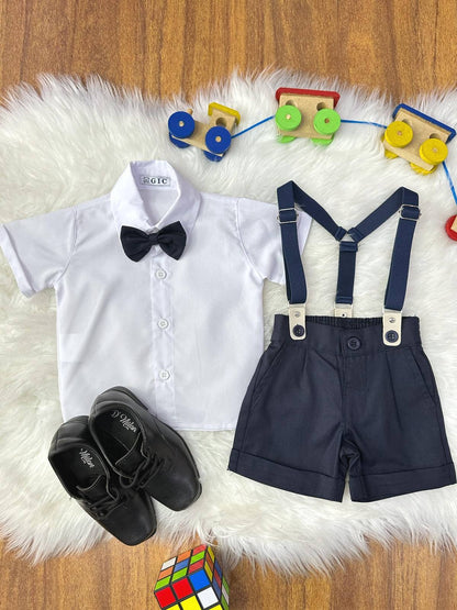 Conjunto Social Bebê Short Susp. Azul Escuro e Camisa Branca