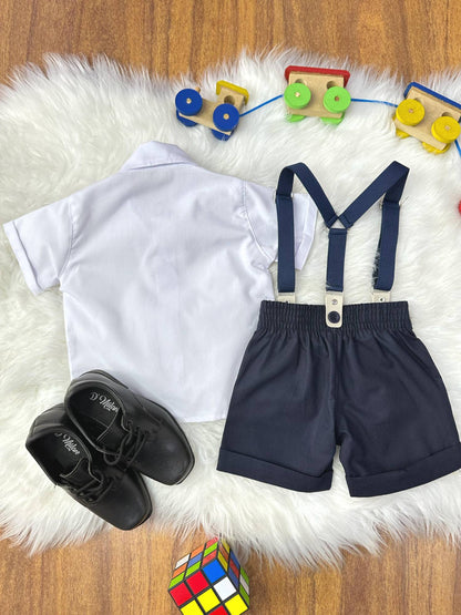 Conjunto Social Bebê Short Susp. Azul Escuro e Camisa Branca