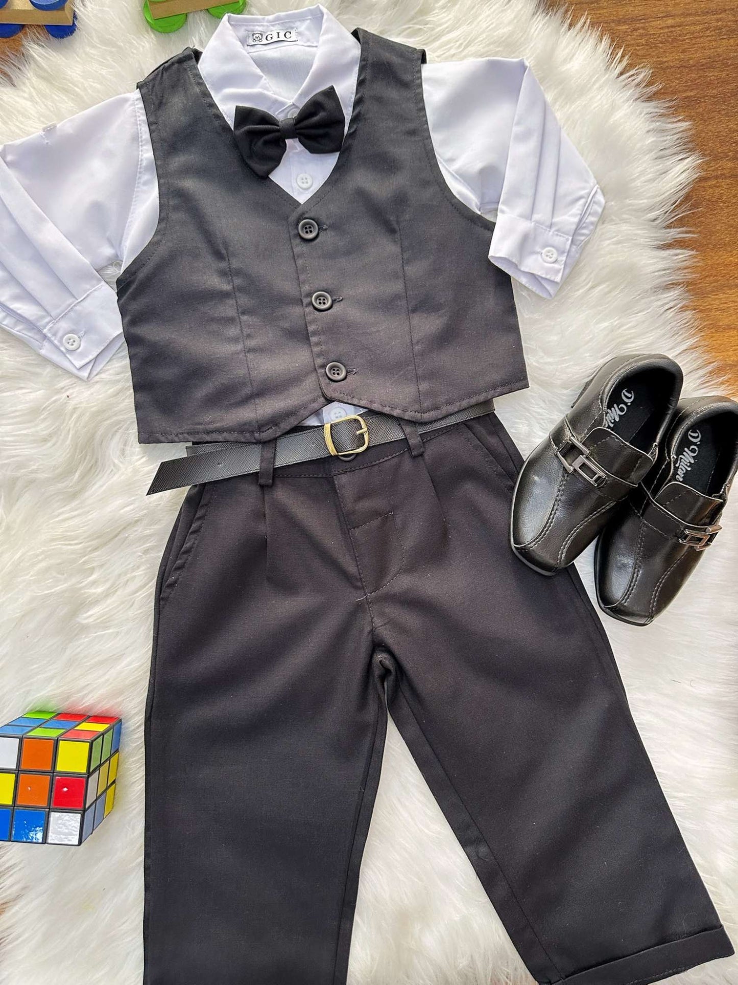 Conjunto Social Bebê Calça Colete Preto e Camisa Branca