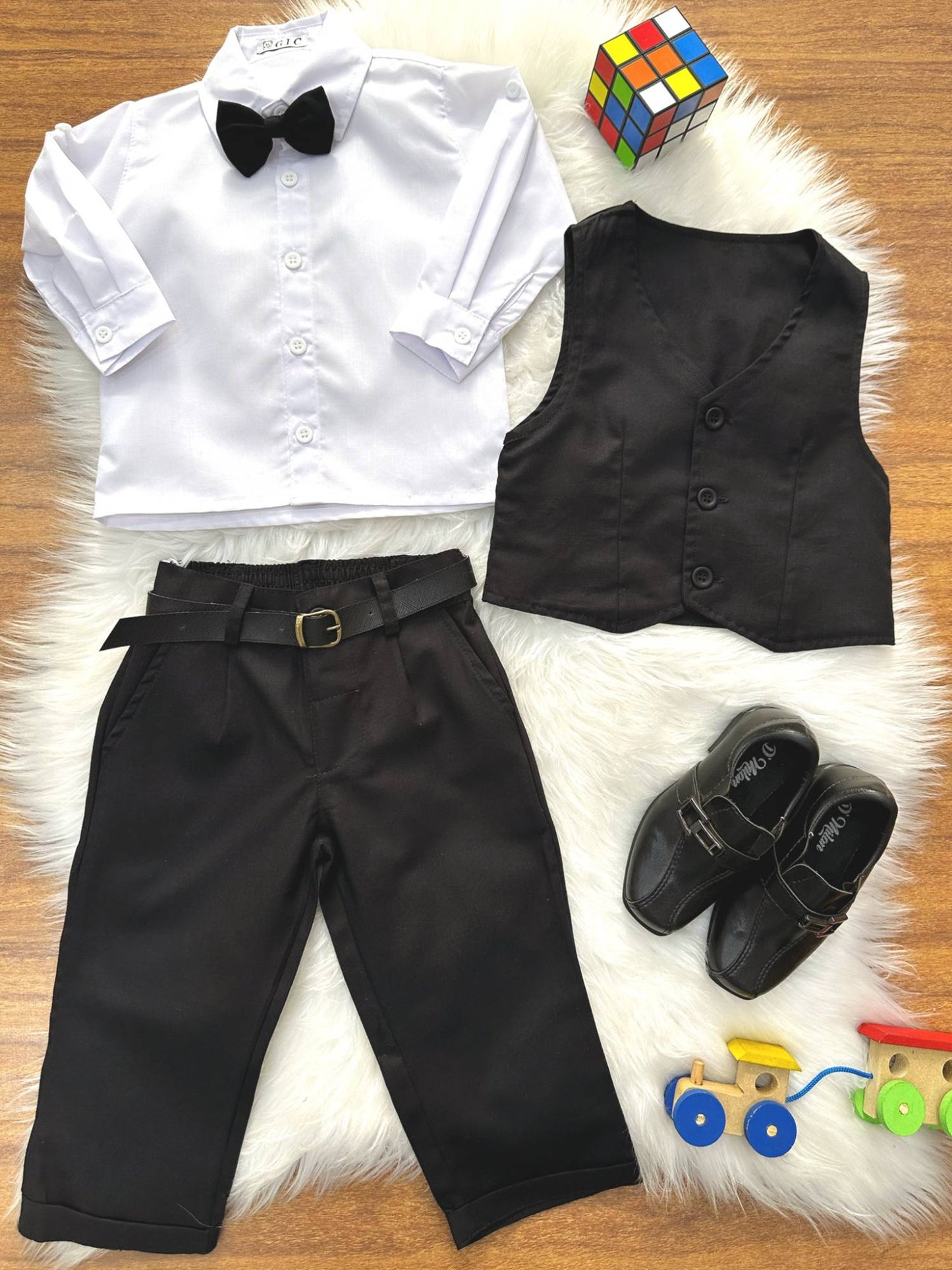 Conjunto Social Bebê Calça Colete Preto e Camisa Branca