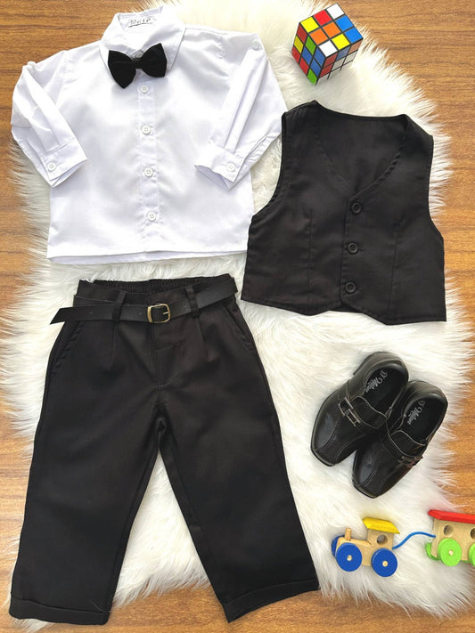 Conjunto Social Bebê Calça Colete Preto e Camisa Branca