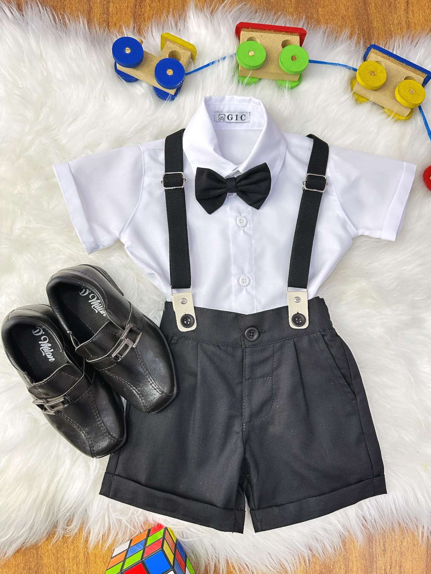 Conjunto Social Bebê Short Susp. Preto e Camisa Branca