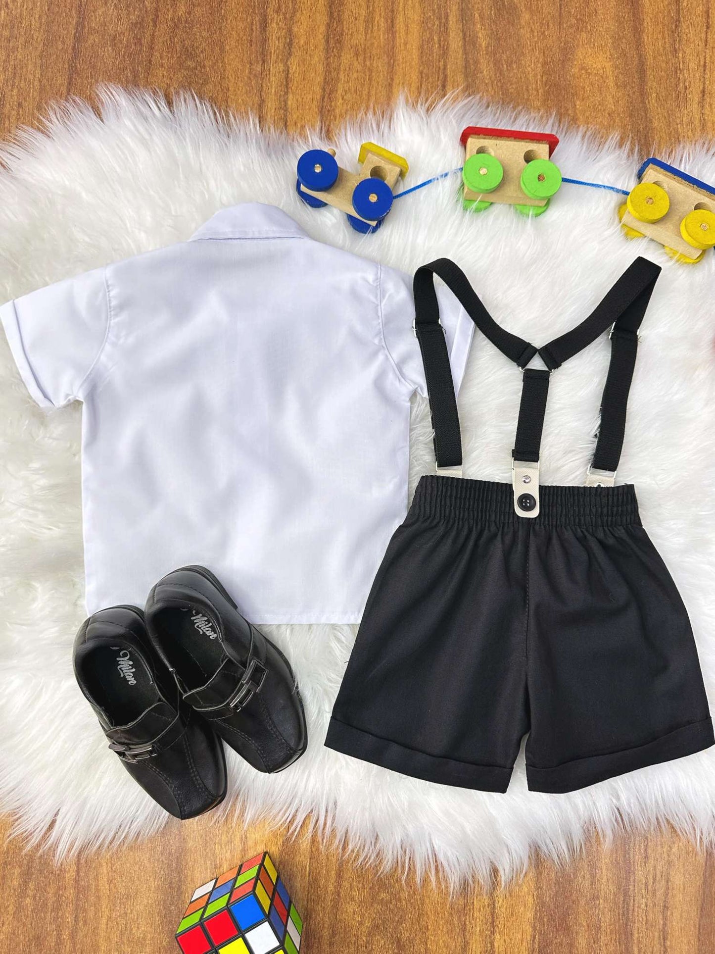 Conjunto Social Bebê Short Susp. Preto e Camisa Branca