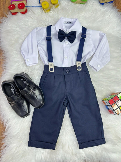 Conjunto Social Bebê Calça Susp. Azul Escuro e Camisa Branca