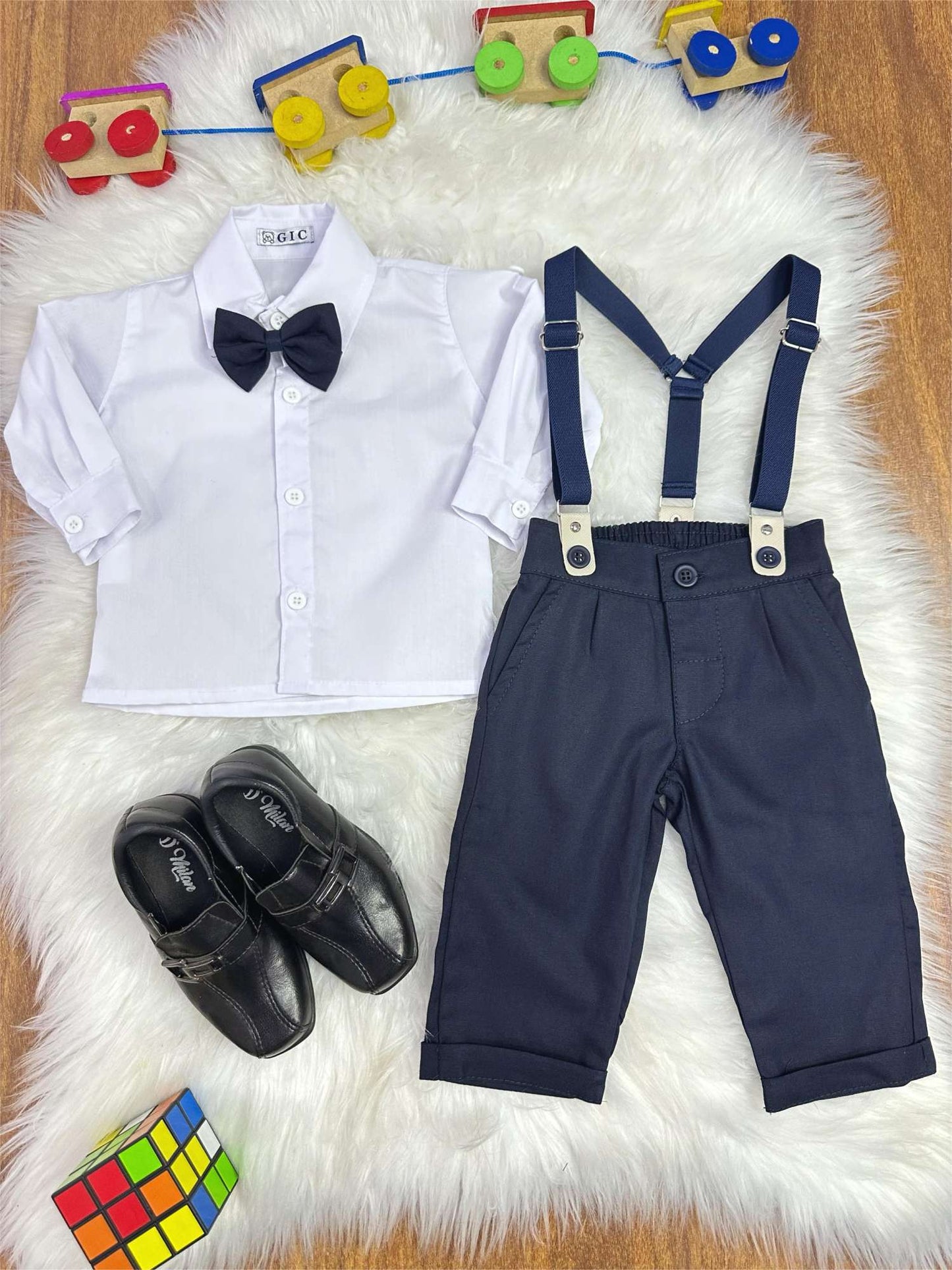 Conjunto Social Bebê Calça Susp. Azul Escuro e Camisa Branca