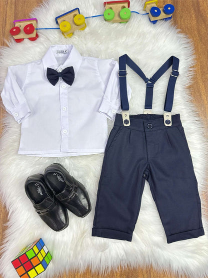 Conjunto Social Bebê Calça Susp. Azul Escuro e Camisa Branca