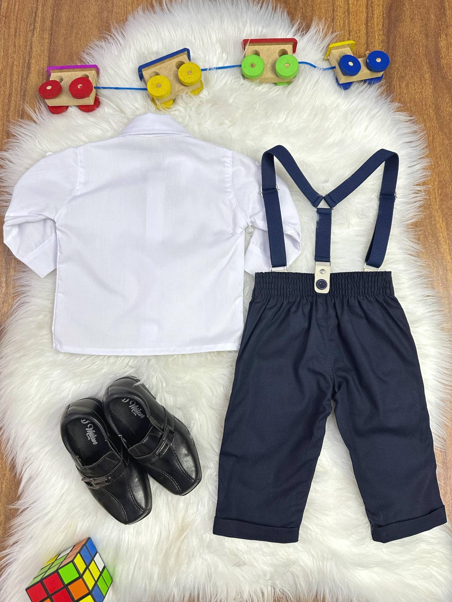 Conjunto Social Bebê Calça Susp. Azul Escuro e Camisa Branca