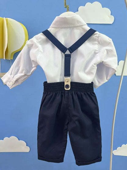 Conjunto Social Bebê Calça Susp. Azul Escuro e Camisa Branca