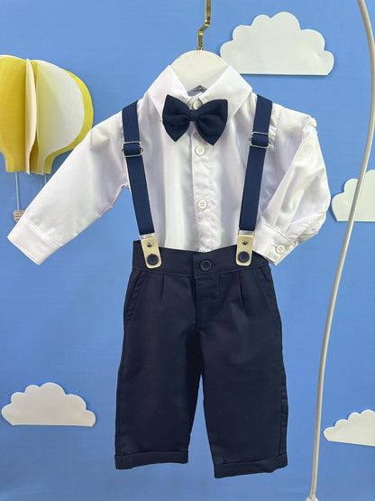 Conjunto Social Bebê Calça Susp. Azul Escuro e Camisa Branca