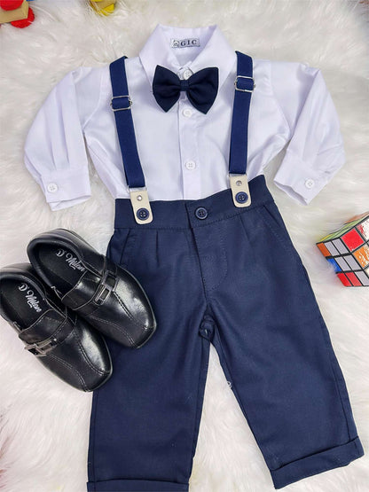 Conjunto Social Bebê Calça Susp. Azul Escuro e Camisa Branca