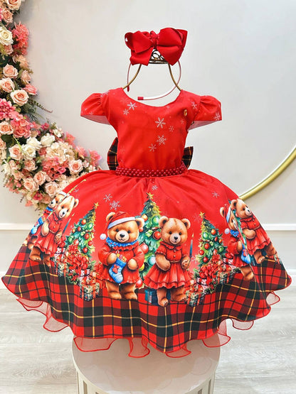 Vestido Infantil Vermelho Ursinhos Festas Natal