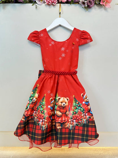 Vestido Infantil Vermelho Ursinhos Festas Natal
