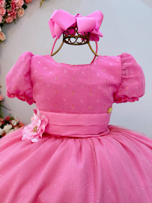 Vestido Infantil Longo Rosa Chiclete C/ Broche Flor