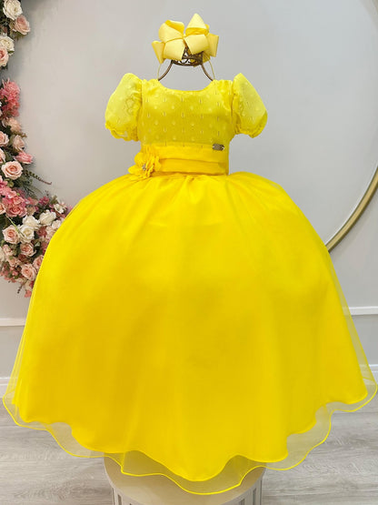 Vestido Infantil Longo Amarelo C/ Broche Flor