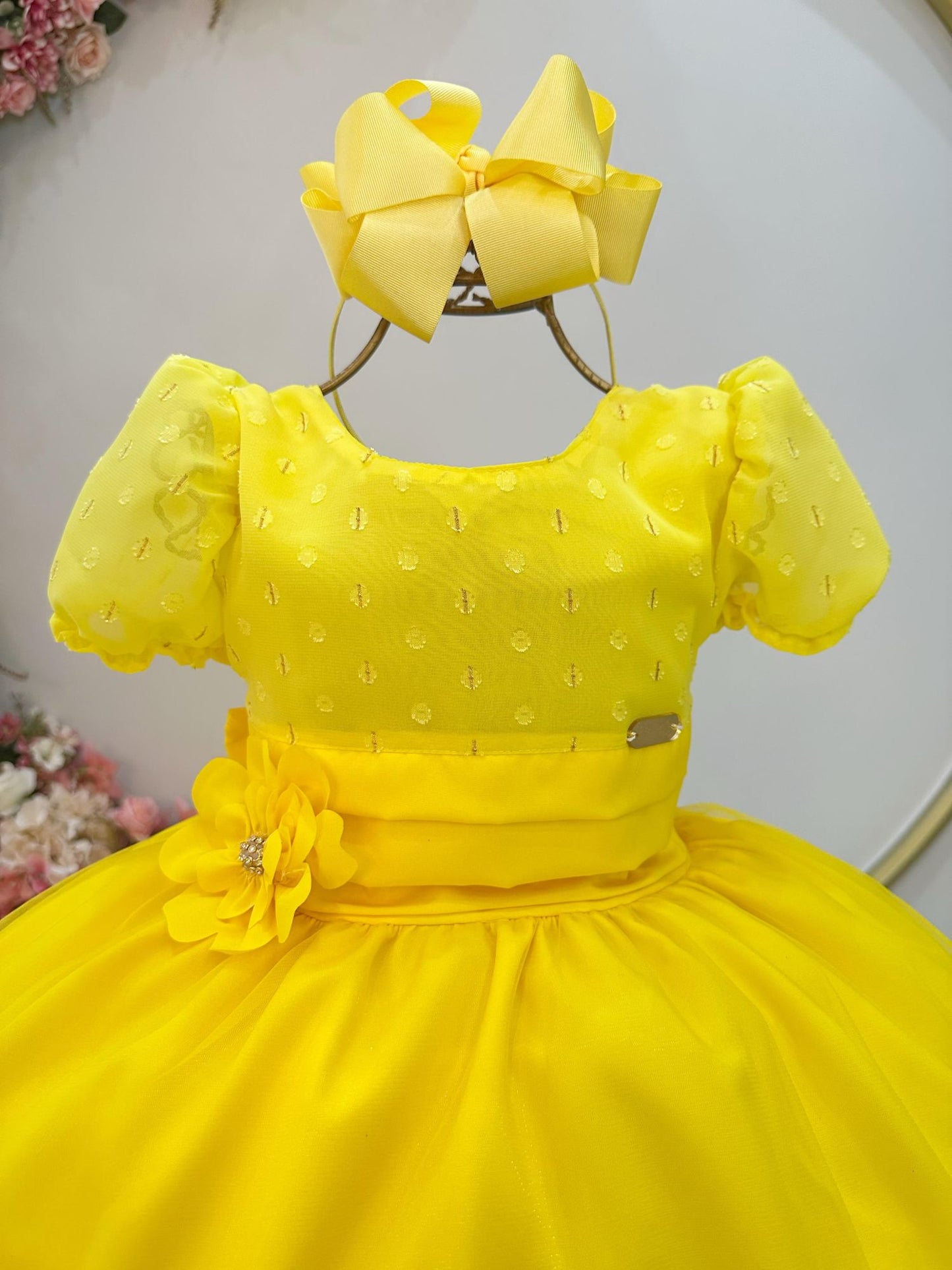 Vestido Infantil Longo Amarelo C/ Broche Flor