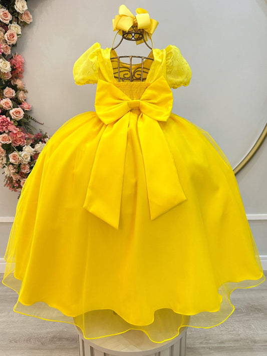 Vestido Infantil Longo Amarelo C/ Broche Flor
