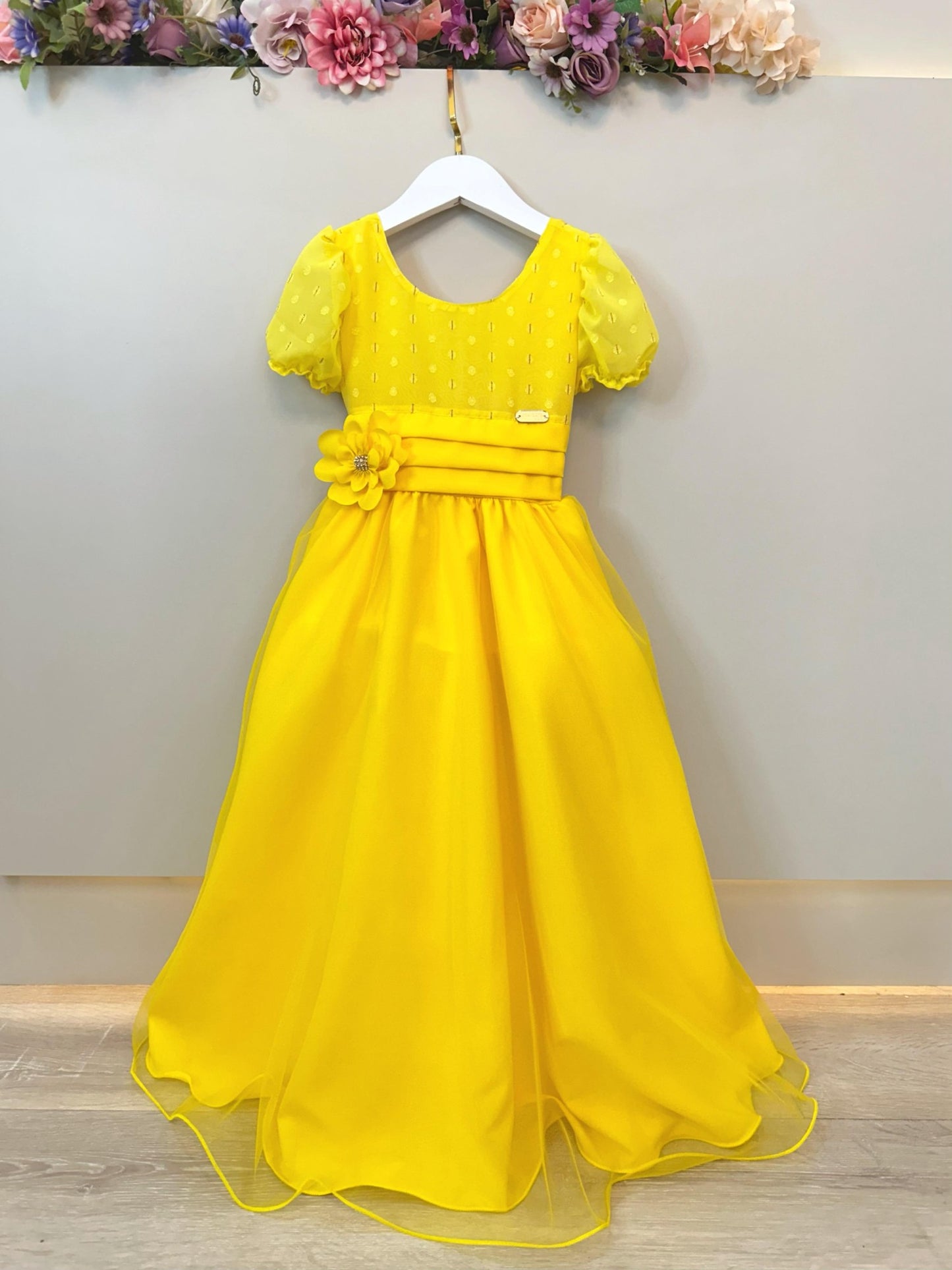Vestido Infantil Longo Amarelo C/ Broche Flor