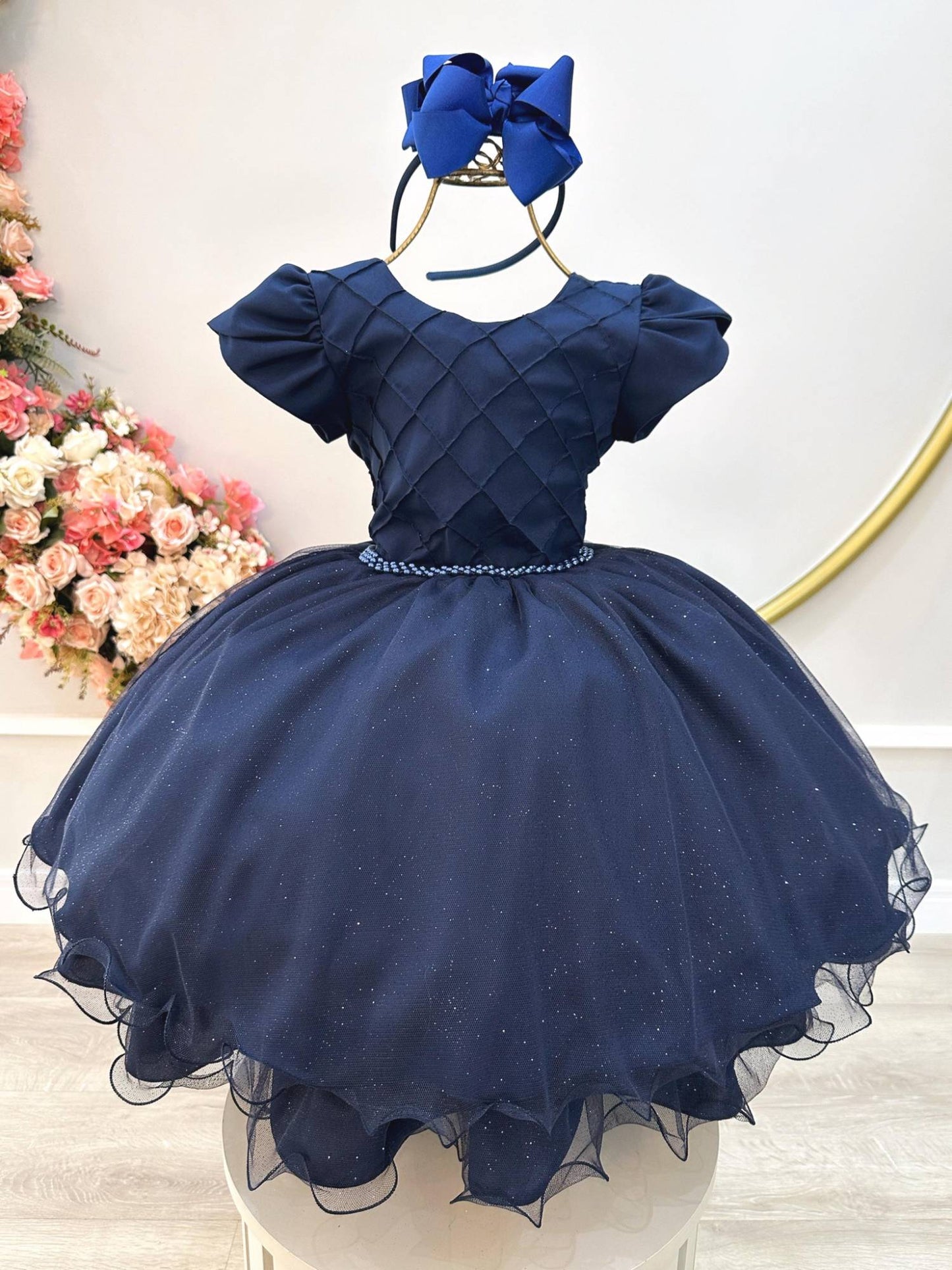 Vestido Infantil Azul Marinho C/ Busto Nervura Festas