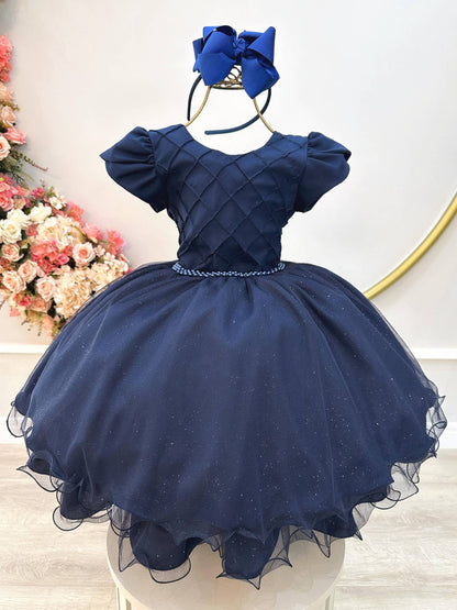 Vestido Infantil Azul Marinho C/ Busto Nervura Festas