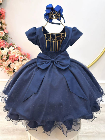Vestido Infantil Azul Marinho C/ Busto Nervura Festas