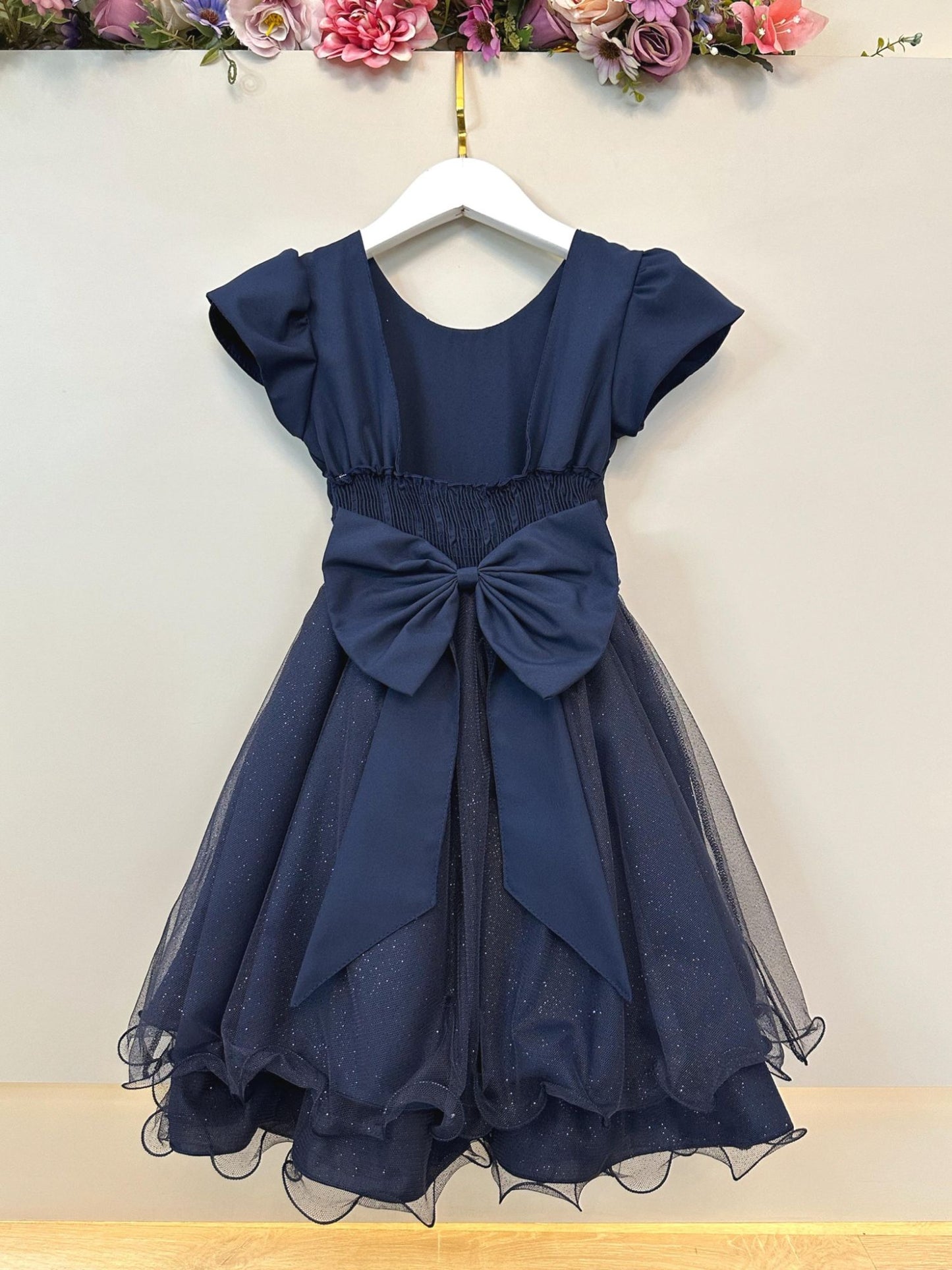 Vestido Infantil Azul Marinho C/ Busto Nervura Festas