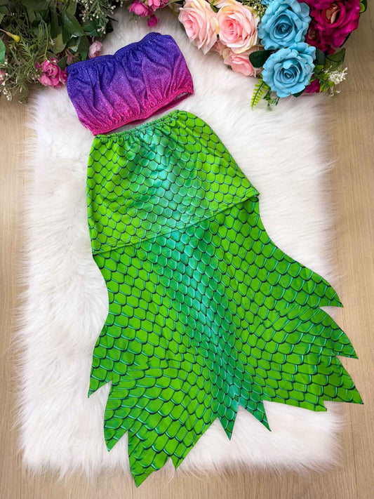 Fantasia Pequena Sereia- Ariel Top Roxo e Calda Verde