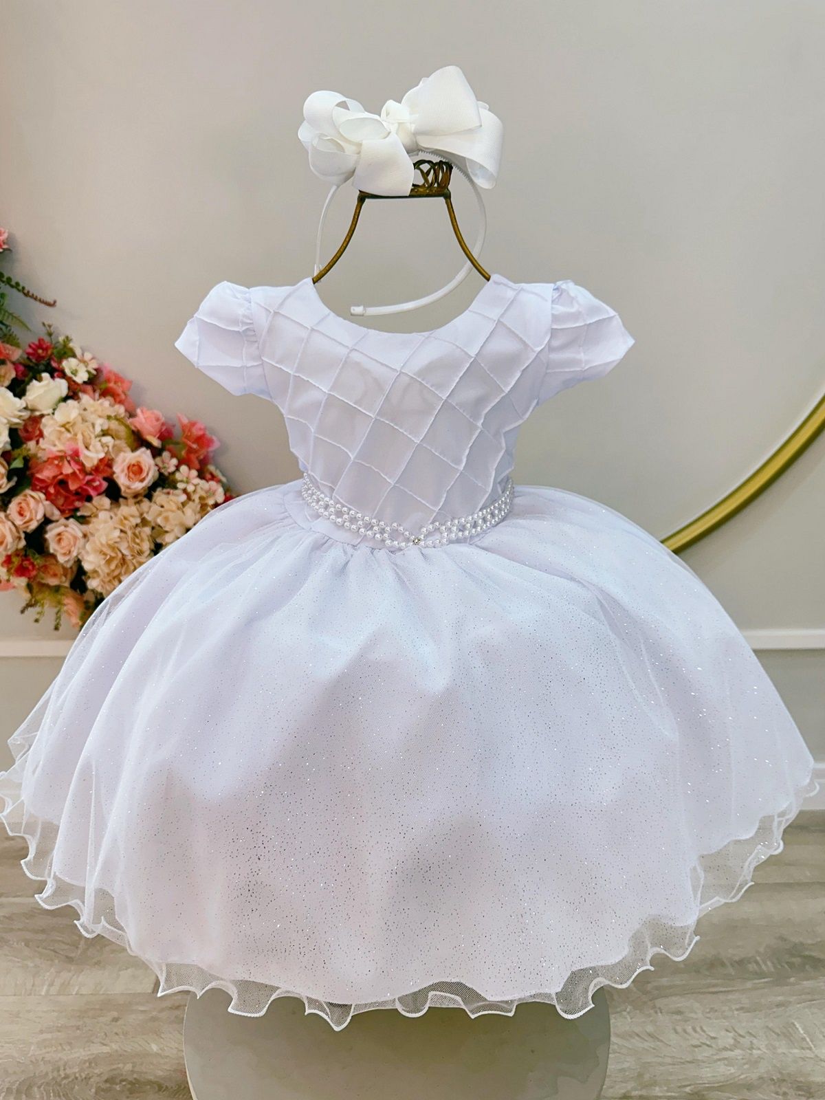 Vestido Infantil Branco Busto Nervura Festas Daminhas