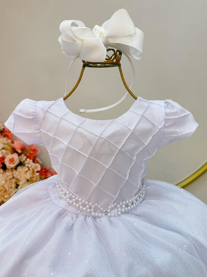 Vestido Infantil Branco Busto Nervura Festas Daminhas